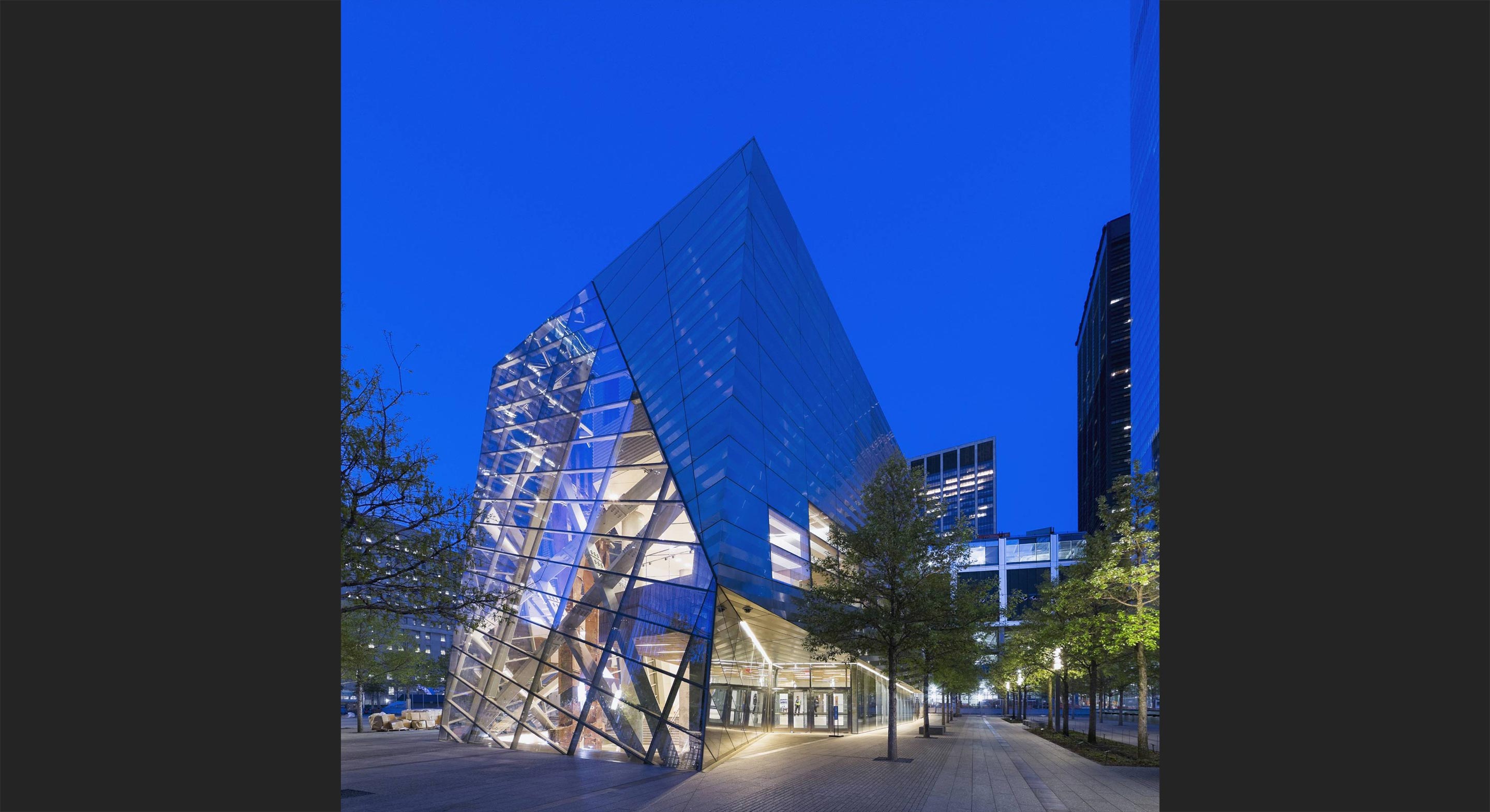 Exterior view of the September 11th Museum at night