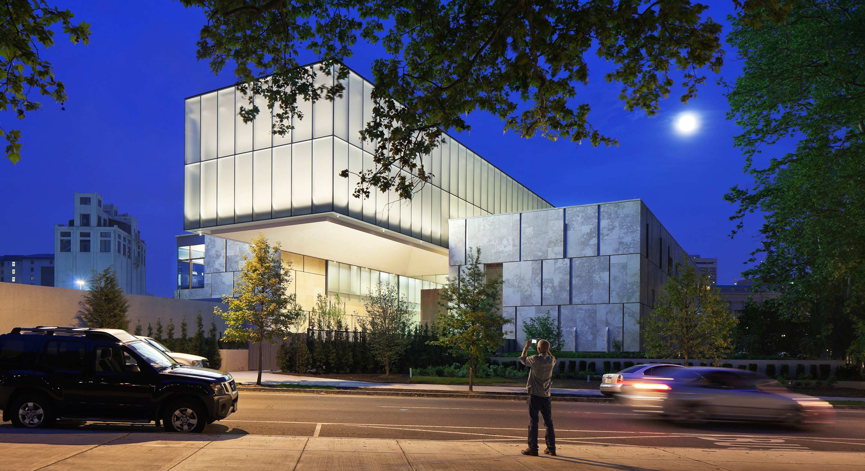 Barnes Foundation exterior illuminated at night