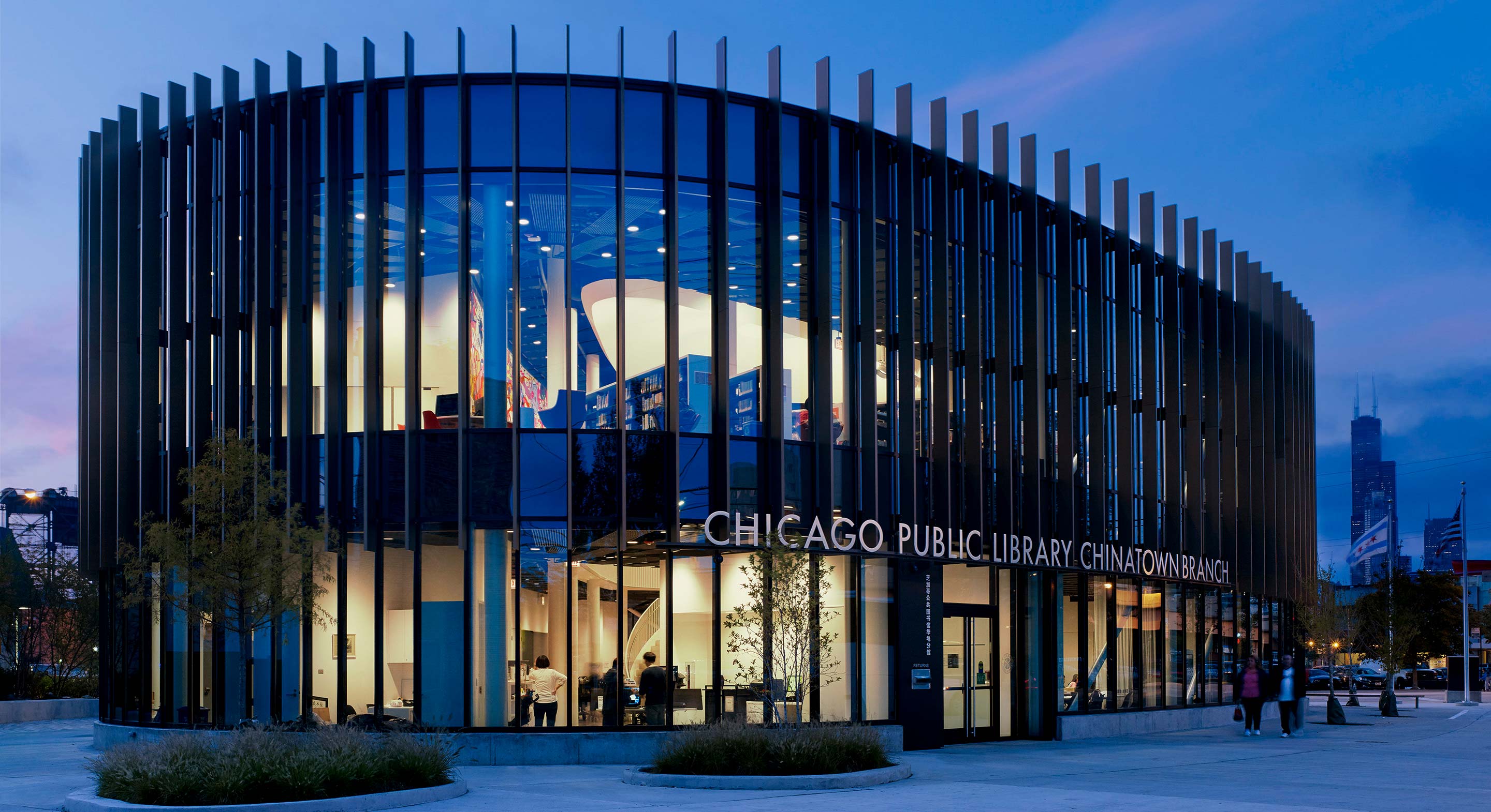 Chicago Public Library Chinatown Branch, exterior at night