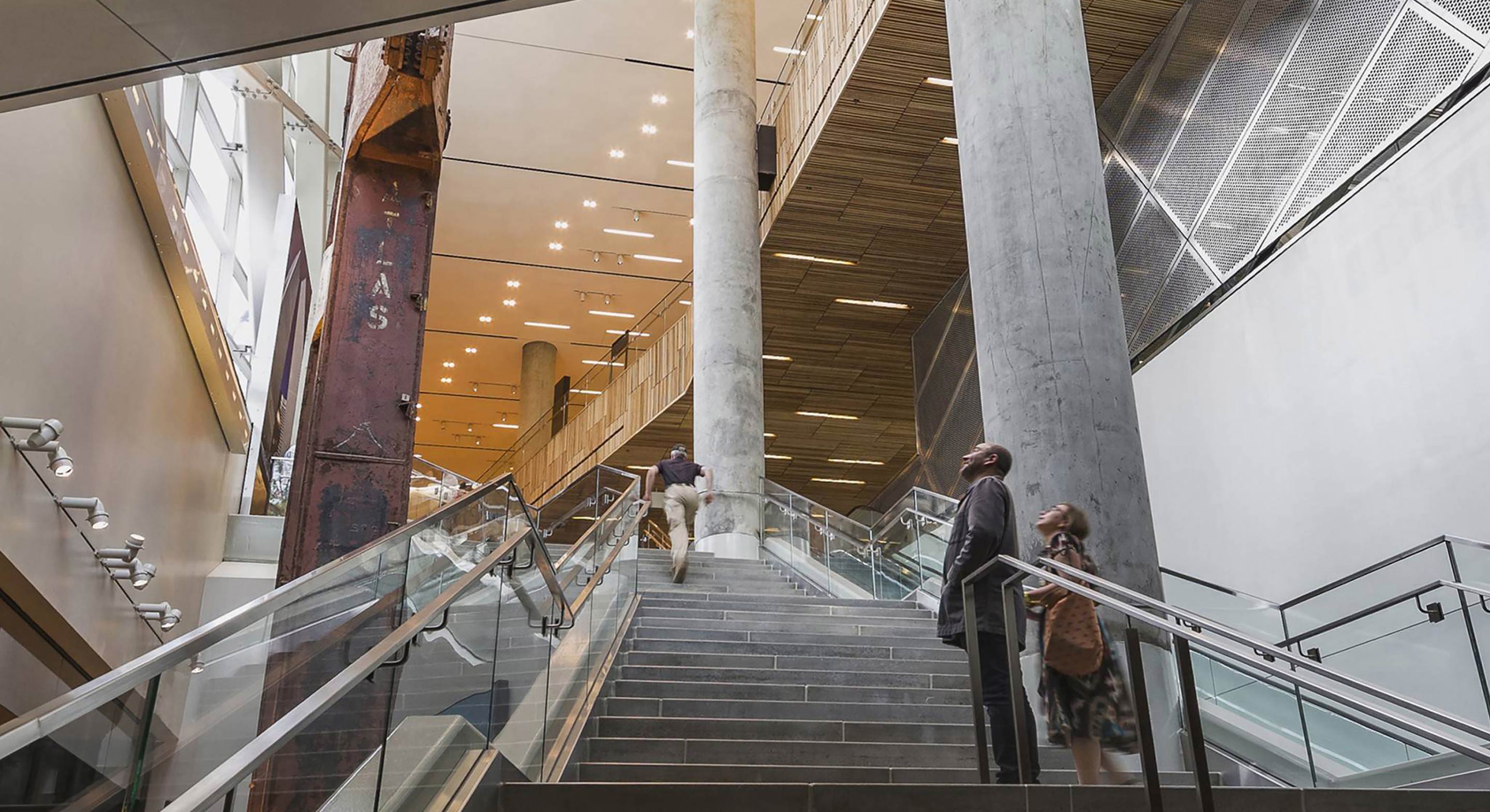 Interior view on the stairs of the September 11th Museum during the day