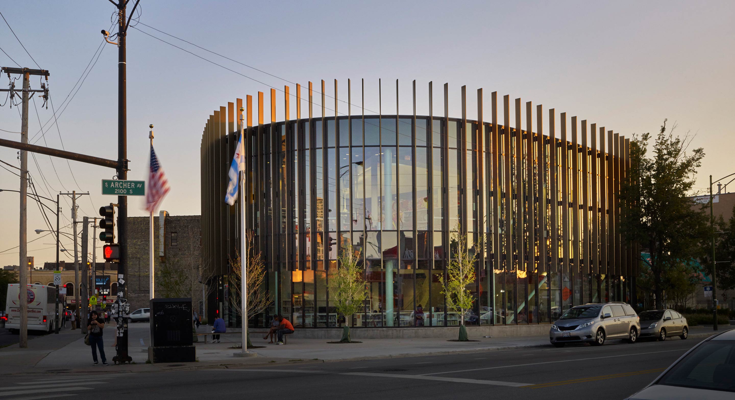 Chicago Public Library Chinatown Branch, exterior at dusk